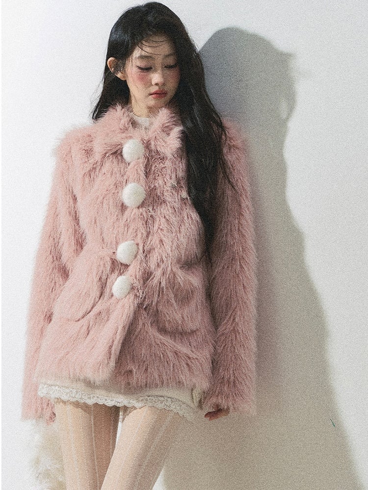 Faux Fur Coat Pompom Button Design