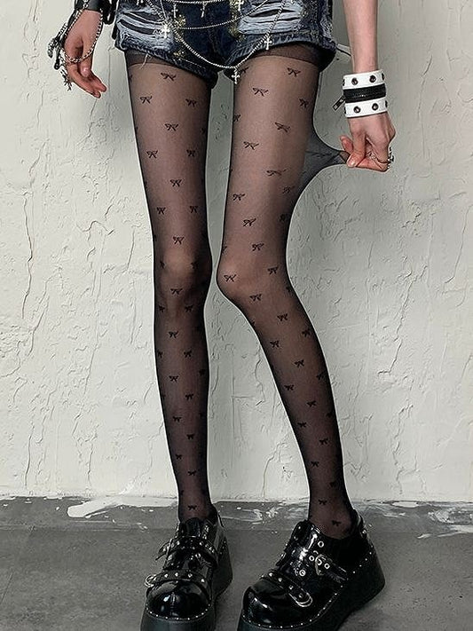 Y2K Fashion Print Gyaru Schwarze Strumpfhose mit Schleife