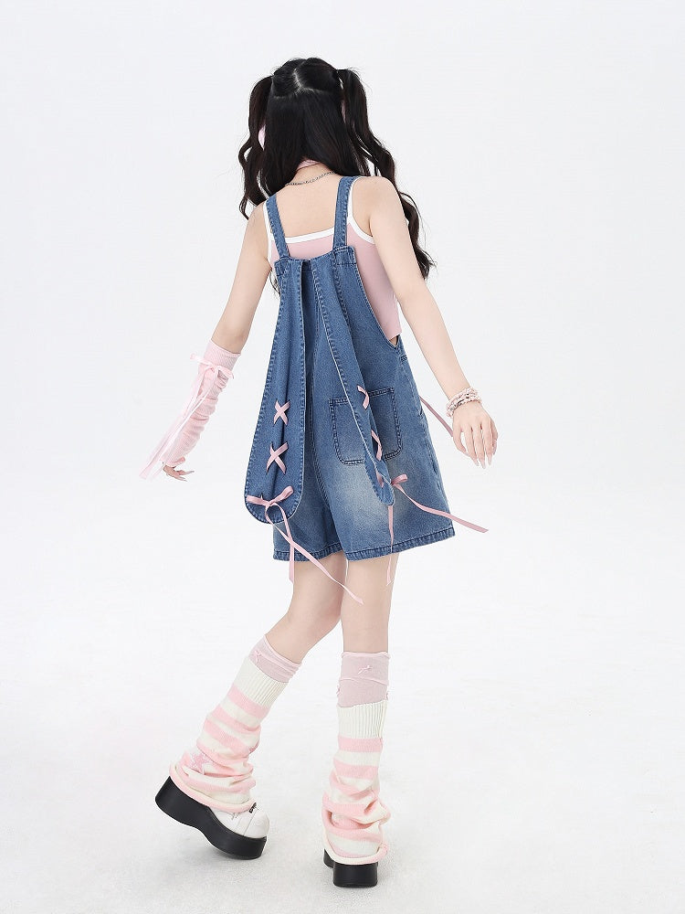 Blue Denim Overall Shorts Bunny Ears Design Back Adorable Lace-up