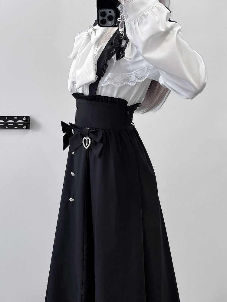 in Overall Sleeves Plaid Long Flutter Black/Gray Detachable Rhinestone Kei Skirt Jirai Accents with Style