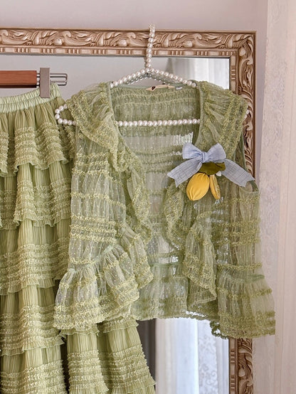 Open Placket Green Tulle Dotted Top