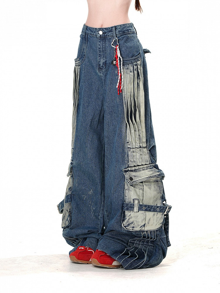 Loose Faded Pockets Wash Cargo Wide-Leg Jeans Blue