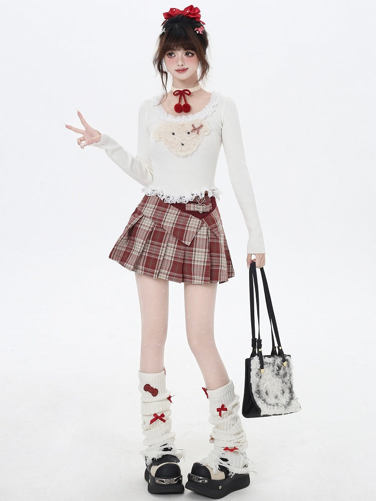 White/Grey/Black Plush Puppy Applique Lace Trim Knit Top
