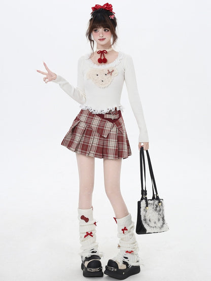 White/Grey/Black Plush Puppy Applique Lace Trim Knit Top