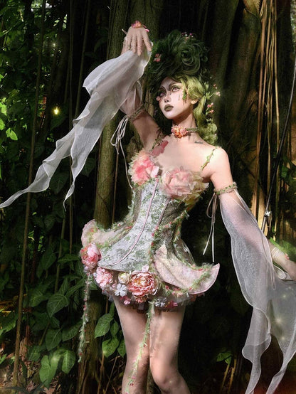 Straps Boned Floral Design Fairy Vine Green Top Pink Spaghetti and Goth Corset