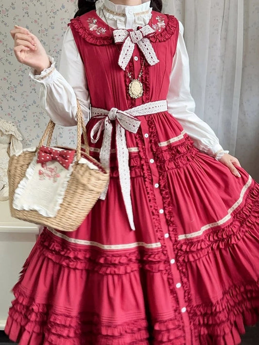Cottagecore with Layers Floral Red Dress Embroidery Country Ruffled Lolita