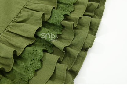Sweet Hem Overall Dress Bowknot Ruffle with Detachable Green
