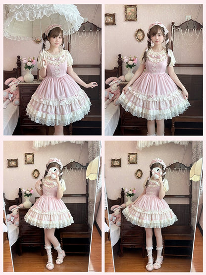 Sweet Lolita Dress Puff Sleeves Bowknot Light Details Pink OP Tiered Lace Trim