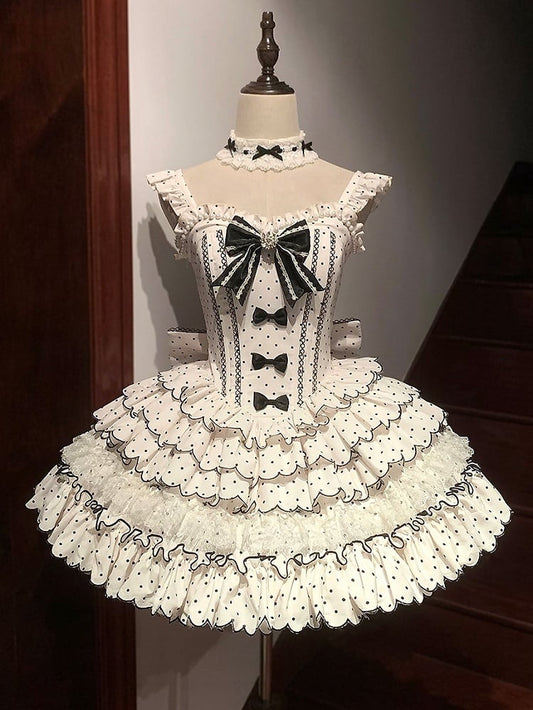 Süßes Lolita-Kleid mit Punkten, vielseitigem OP/JSK-Design und gestuftem Saum, Weiß