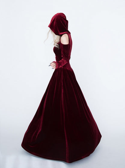 Medieval Witch Red Velvet Cutout Shoulder Gothic Vampire Hooded Dress