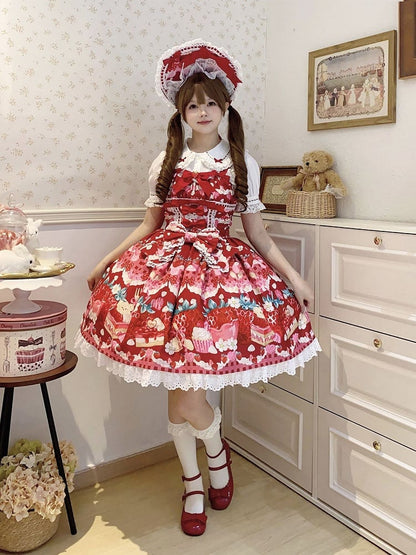 Sweet and Strawberry Print Lolita Dessert Dress Red