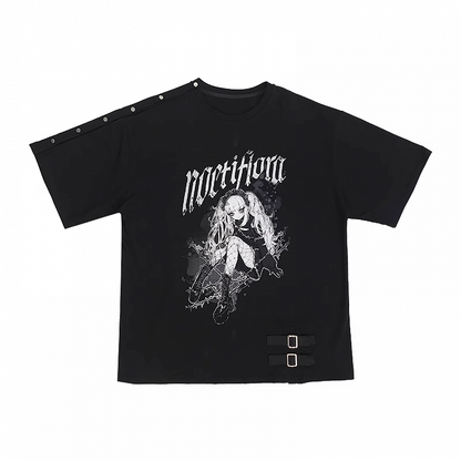 Y2K Black Snap Details Neckline Anime Print Girl Loose T-shirt