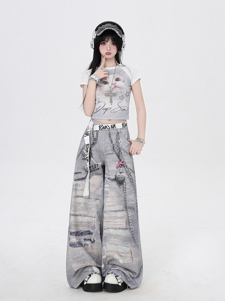 Grey Low Holes Waist Distressed Chains 3D Print Wide-Leg Casual Pants and