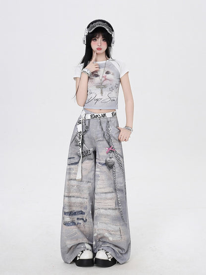 Grey Low Holes Waist Distressed Chains 3D Print Wide-Leg Casual Pants and