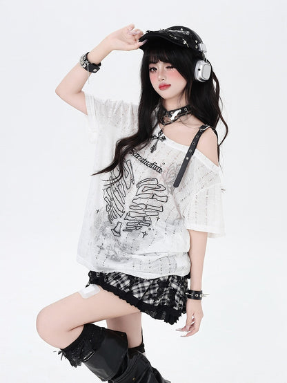 Y2K Asymmetrical Neckline Skeleton Heart Print Black/Gray/White T-Shirt