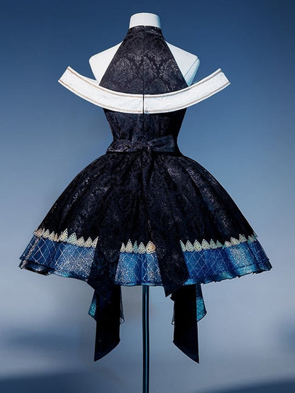 Rock im Gothic-Design, schulterfrei, Kreuzmuster, Frontprint, Pullover, kaskadierender Halsausschnitt, Rüschen