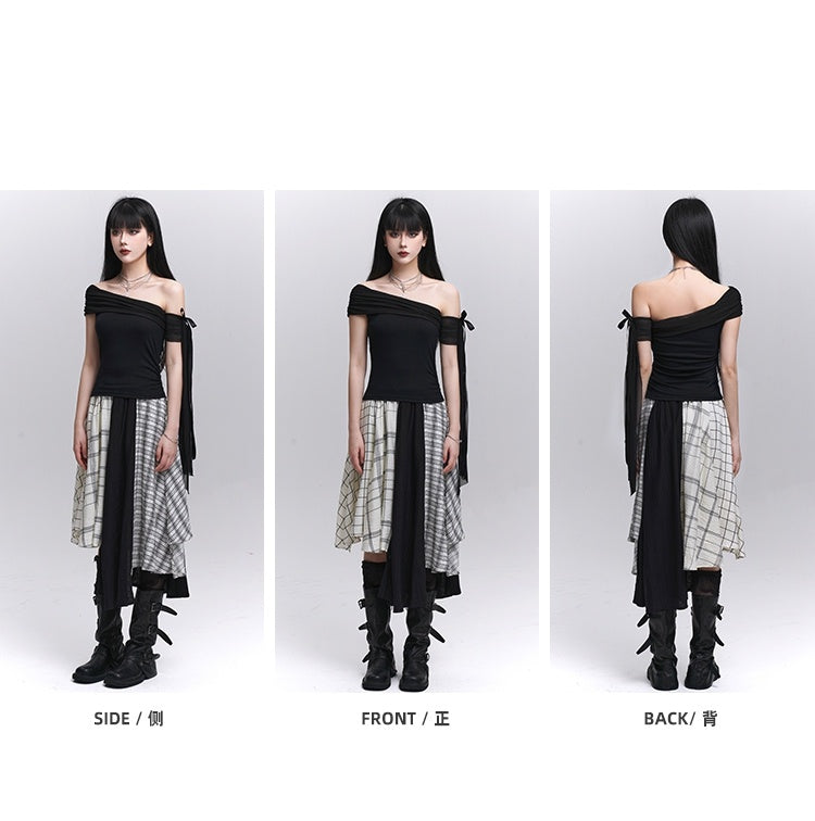 Schwarzes T-Shirt mit asymmetrischem Ausschnitt und schmaler Passform