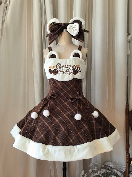 Sweet with Cherry Pom-Poms Plaid Brown Dress for and Autumn Embroidered Winter Lolita