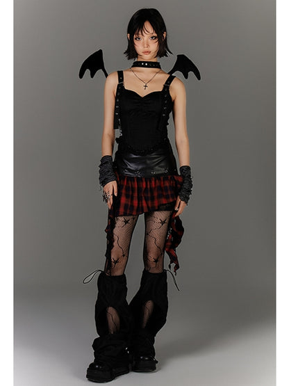 Ruffled Black PU Punk Skirt Hem Y2K Asymmetrical Red Plaid