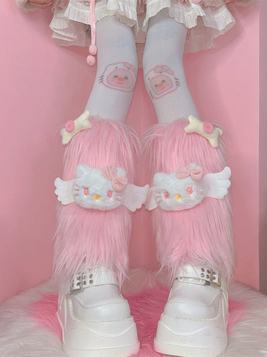 Jambières chaudes à poils longs décorées de peluches roses et d'os