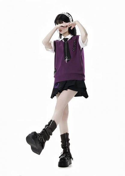 Spring Knitted Vest Zipper Details Style Purple V-neck Preppy