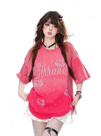 Blue/Rose Red Round Neck Kitty Rhinestone Loose T-Shirt
