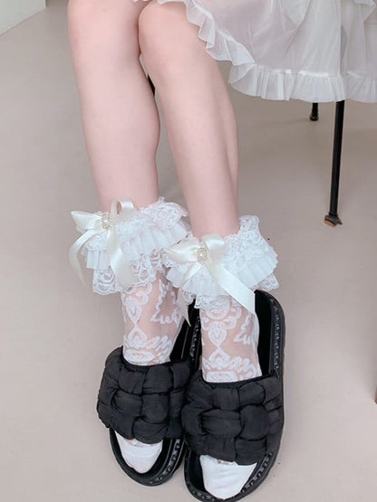 Details Socks White/Black Semi-sheer Calf Bowknot Ruffled Cuff