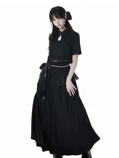 Black Cheongsam Waist Chain Corset Belt Set Free Style Long Skirt with Flounce Beaded Hem