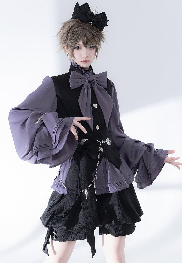 Sleeves Purple Neckline Bishop Poet Ruffle Blouse