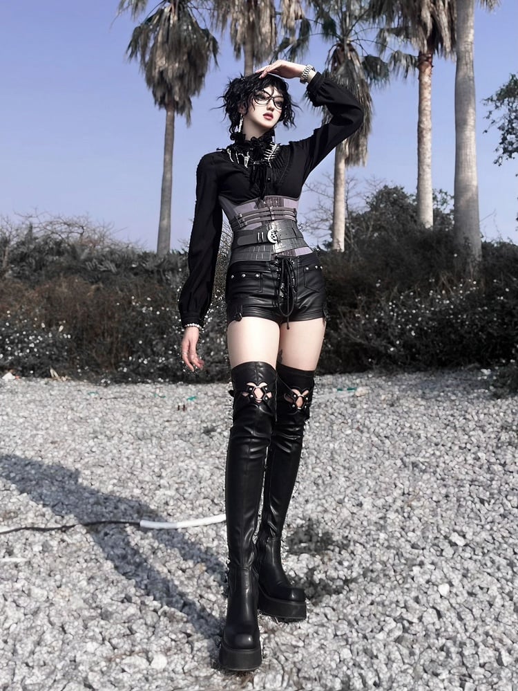 Matte Black Heart-shaped Cutout Detail Gothic Thigh-high Boots