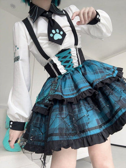 Long Punk Shirt Ruched Rock with Sleeves Tie White