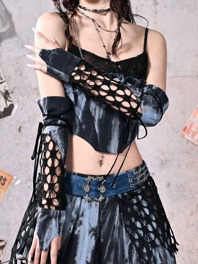 Punk Rock Blue Mesh Patchwork Tie Dye Sleeves