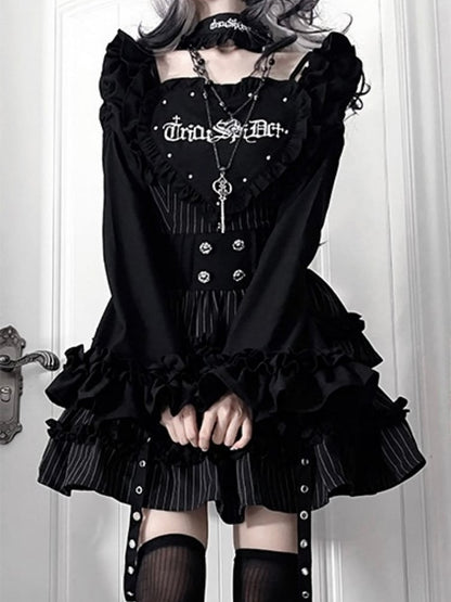 Pattern Off-the-shoulder Letter Neckline Print Bell Black Sleeves Striped Gothic Dress