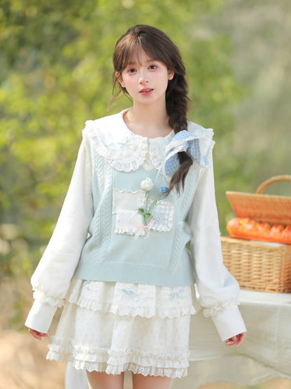 White Lace Trim Peter Pan Collar Bowknot Details Blouse