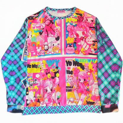 Cartoon Fashion Print Blue/Red Gyaru Plaid Pattern Sweatshirt