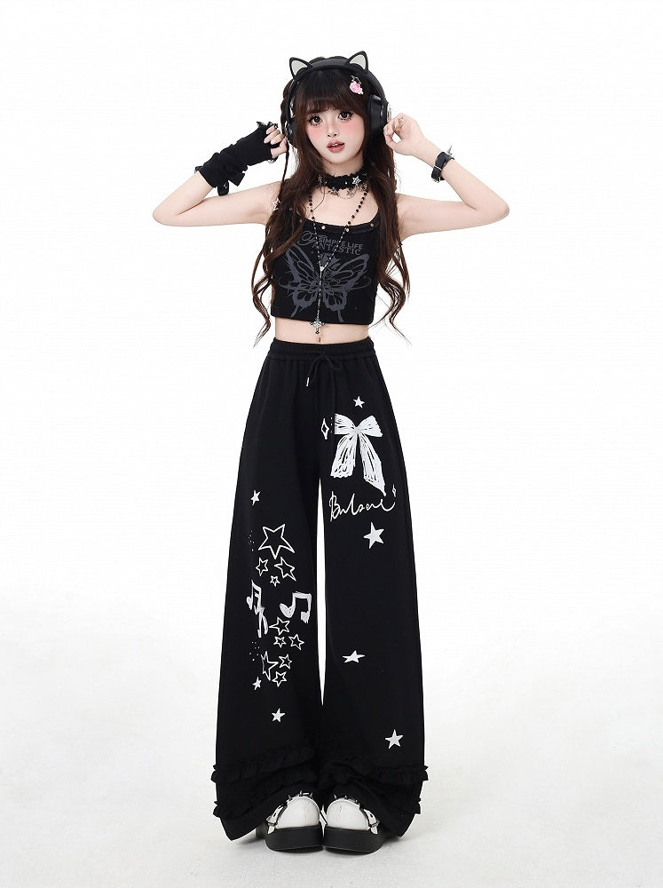 Wide-Leg Pants Black/Light Gray Bow and Star Print Vintage