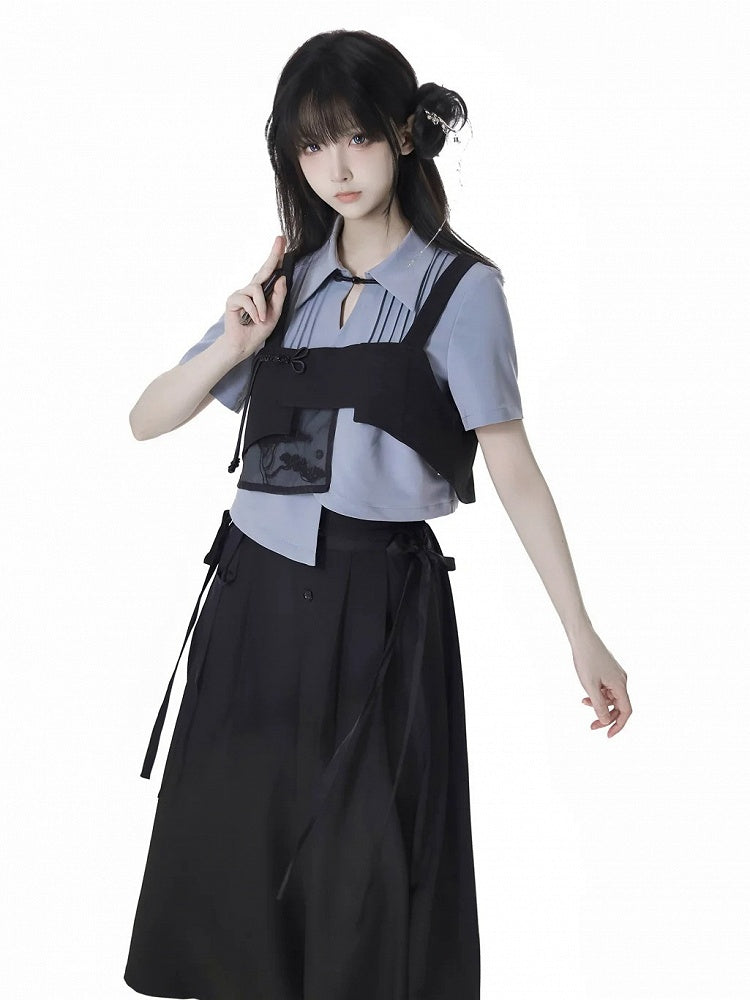 Button Cheongsam Style Top Embroidery Black Pine Tree Knot