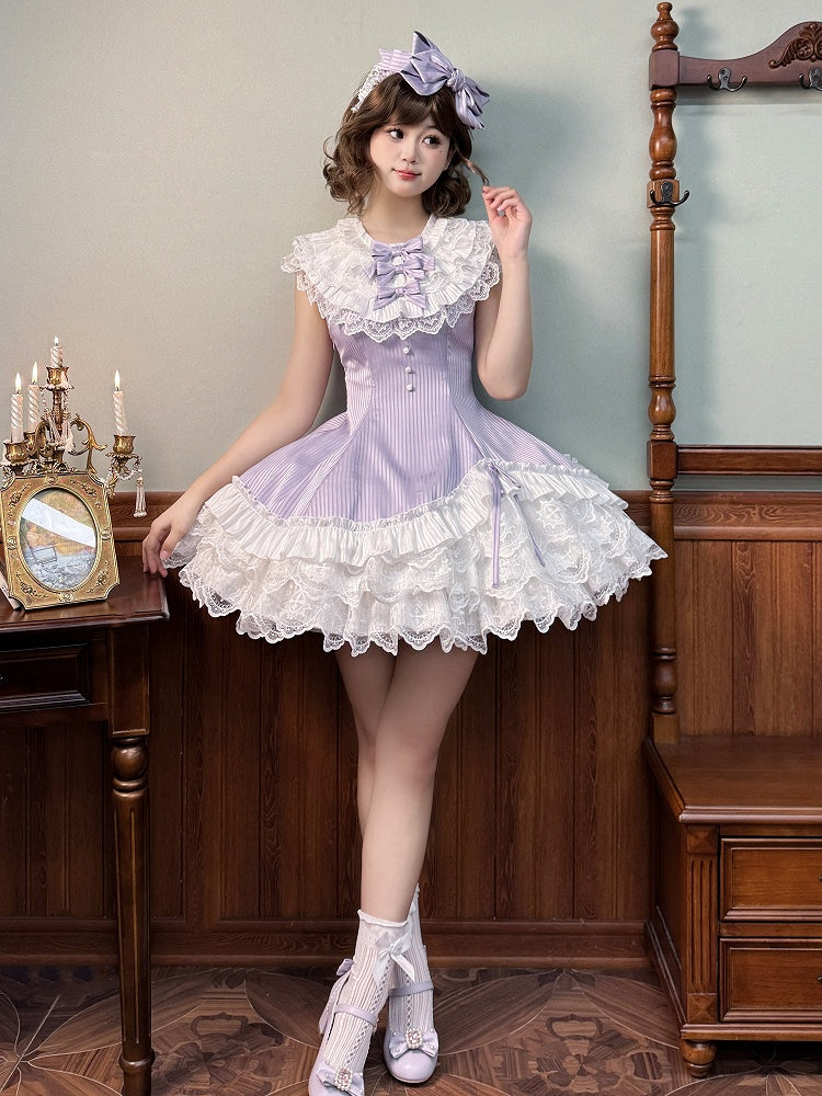 Purple Striped Fabric Slim Fit Waist White Layered Ruffle Neck Sweet Lolita Sleeveless Dress