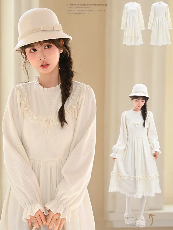 Robe à manches longues et col à volants avec nœud blanc
