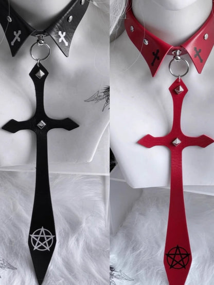 Kreuz Charm Nieten Krawatte Punk Schwarz/Rot Pentagramm