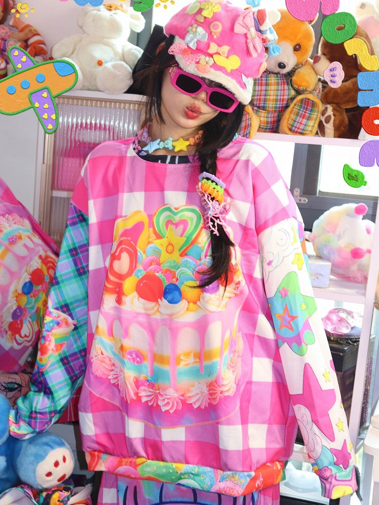 Y2K-Muster, kariertes Kuchen-Sweatshirt mit buntem Aufdruck