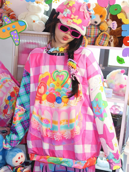 Y2K-Muster, kariertes Kuchen-Sweatshirt mit buntem Aufdruck