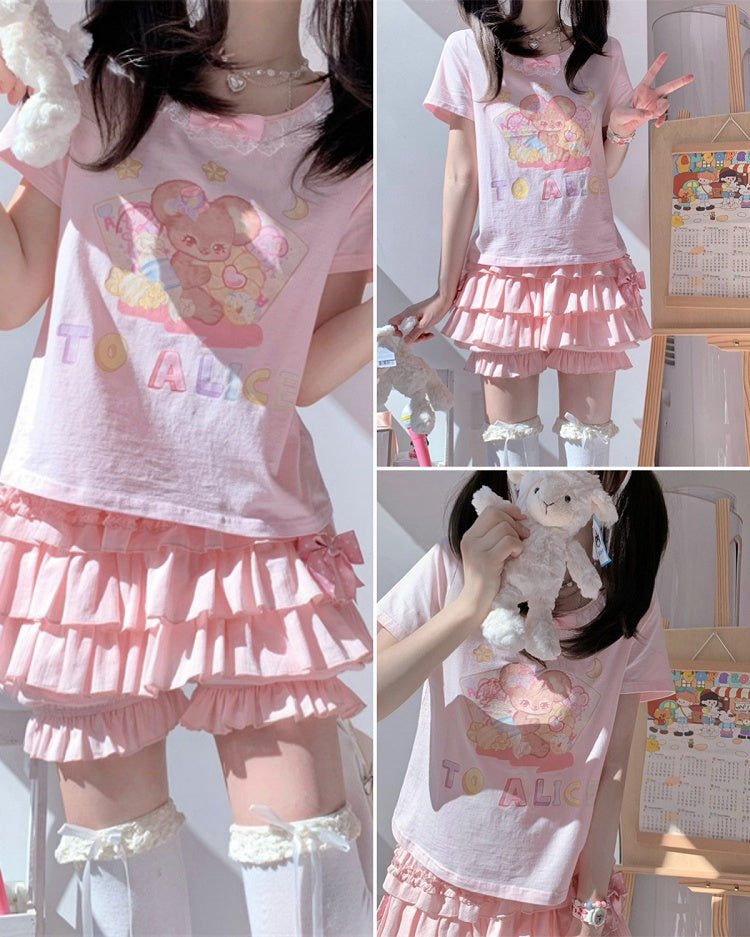 Short Version Adorable Mouse Print White/Pink Lace Trim T-Shirt