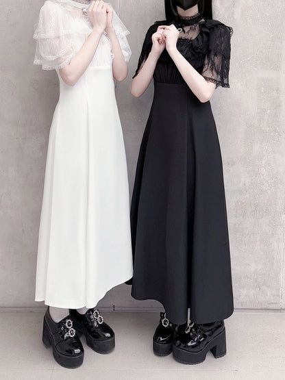 Jirai Kei Black/White Illusion Waist Neckline Ruffled High Lace Dress Trim
