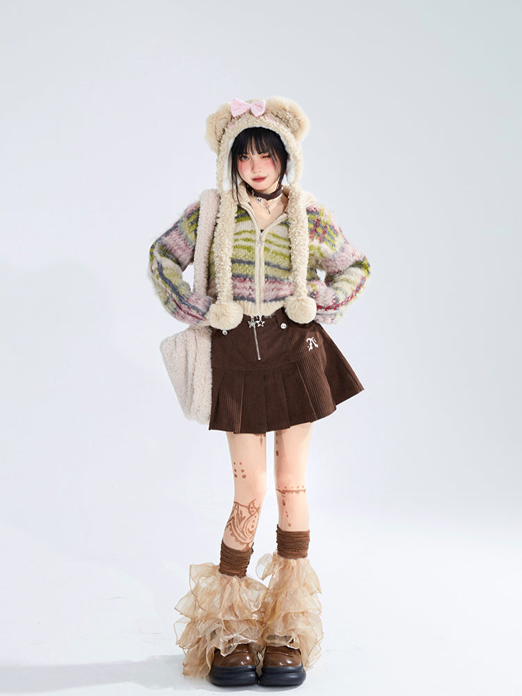 with Cardigan Mohair Closure Vintage Striped Zip High Neck Crop Green