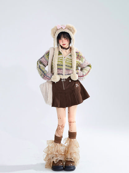 with Cardigan Mohair Closure Vintage Striped Zip High Neck Crop Green