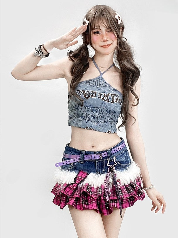 Print Halter Neck Top Letter Kawaii Bittersweet Blue Glamorous