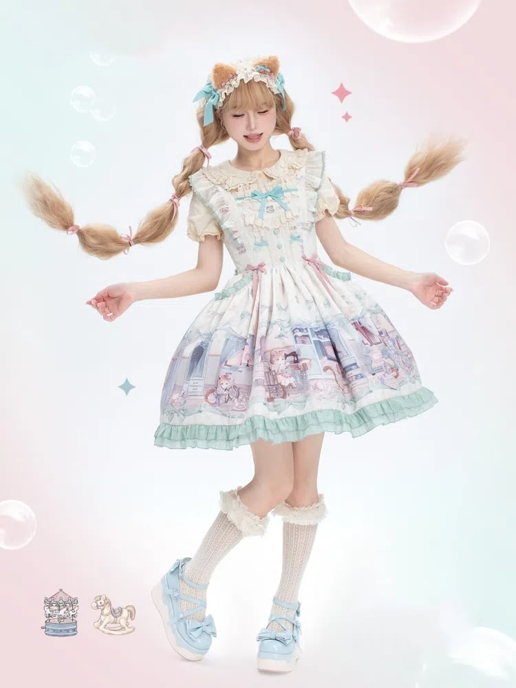 Cute kitty and Green Bows Sweet Lolita Dress Flutter Shoulder Straps Jumper Skirt