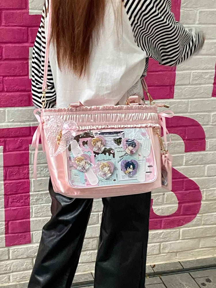 Ita Bag Ruffled Pink Ribbon Bow Large Trim Capacity Tote