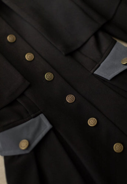 Black Retro Elegant Front Bronze-tone Buttons Placket Classic One Piece